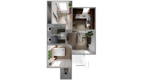 A top down view of a house with a kitchen, living room, and bathroom.